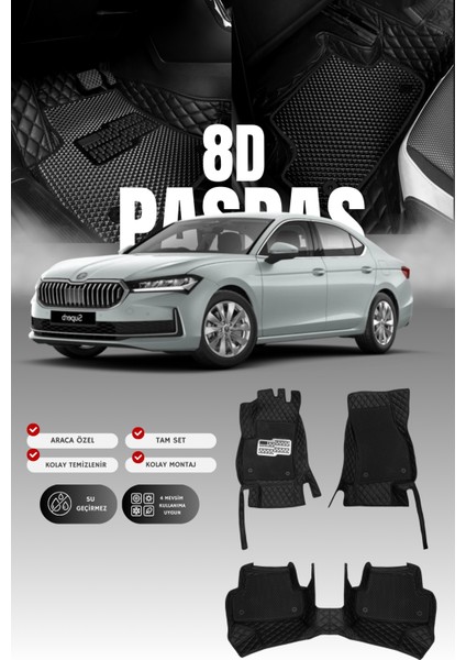 Skoda Super-B Hibrit (2024 ve Sonrası) 8d Deri Havuzlu Oto Paspas | Tam Koruma & Hızlı Montaj