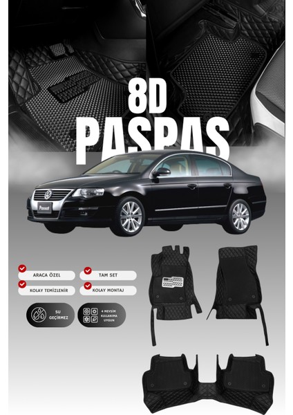 Volkswagen Passat B6 (2006-2010) 8d Deri Havuzlu Oto Paspas | Tam Korum,araca Özel & Hızlı Montaj