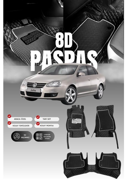 Volkswagen Jetta (2006-2010) 8d Deri Havuzlu Oto Paspas | Tam Korum,araca Özel Kesim& Hızlı Montaj