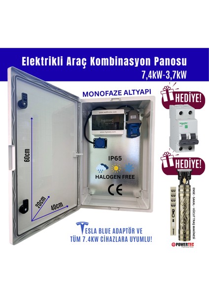 "bluepan" 7,4kw Elektrikli Araç Kombinasyon Panosu, Tesla Blue Adaptör Uyumlu, Sch Neider Sigorta Grubu Kombinasyon Kutusu