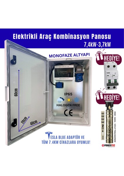 "bluepan" 7,4kw 3X32A Elektrikli Araç Kombinasyon Panosu, Tesla Blue Adaptör Uyumlu, Vıko Sigorta Grubu Kombinasyon Kutusu
