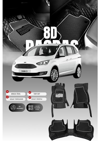 Ford C-Max (2010-2019) 8d Deri Havuzlu Oto Paspas | Tam Koruma,araca Özel & Hızlı Montaj