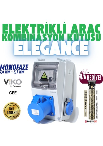 ''Elegance'' 7,4kW 3x32A Monofaze Elektrikli Araç Kombinasyon Kutusu, Tesla Mavi Adaptör Uyumlu, V i k o/P a n a s o n i c