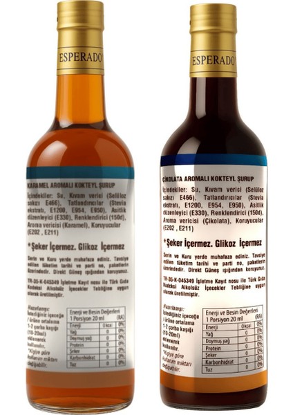 Kahve Şurubu 700 ml - Karamel - Çikolata * Aromalı - Şekersiz 700 ml * 2 modelleri