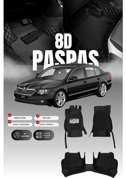 Skoda Super-B (2008-2015) 8d Deri Havuzlu Oto Paspas | Tam Koruma,araca Özel & Hızlı Montaj