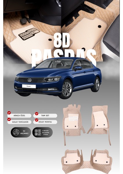 Volkswagen Passat B8 (2015-2022) 8d Deri Havuzlu Oto Paspas | Tam Korum,araca Özel & Hızlı Montaj