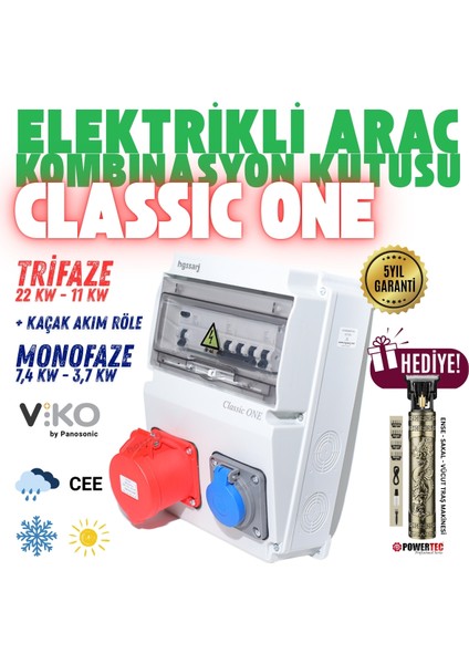 ''Classic One'' 22kW 5X32A + 1X16A Trifaze Elektrikli Araç Kombinasyon Kutusu Kaçak Akım Röle 5 Yıl Garanti V i k o/P a n a s o n i c