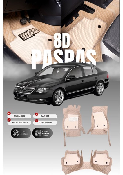 Skoda Super-B (2008-2015) 8d Deri Havuzlu Oto Paspas | Tam Koruma,araca Özel & Hızlı Montaj