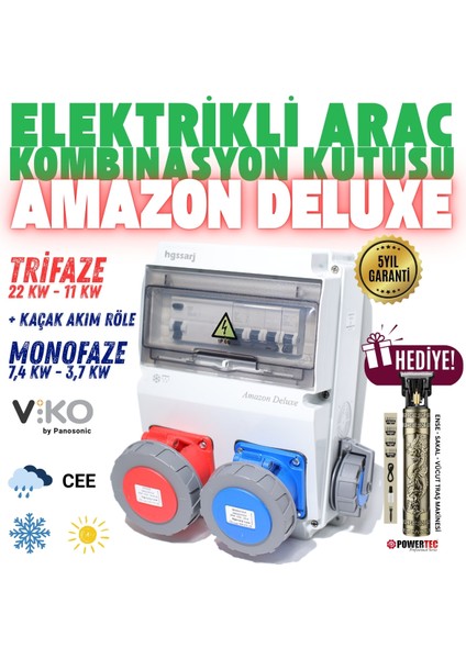 "Amazon Deluxe'' 22kW 7,4kW 5X32A + 3X32A + 1X16A Elektrikli Araç Kombinasyon Kutusu Tesla Blue Adaptör Uyumlu Kaçak Akım Röle Vi ko Sigorta