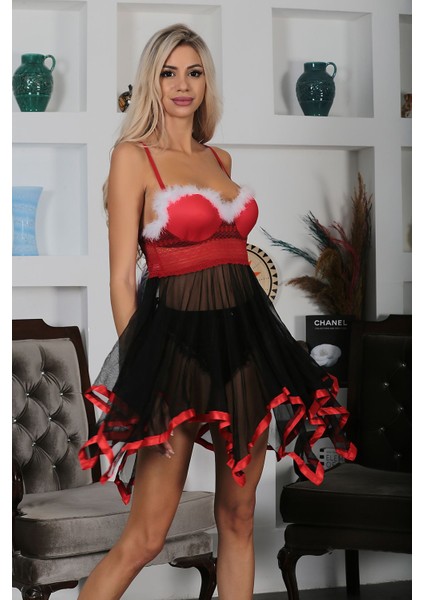 Sistina Kadın Siyah Kırmızı Yılbaşı Gecelik