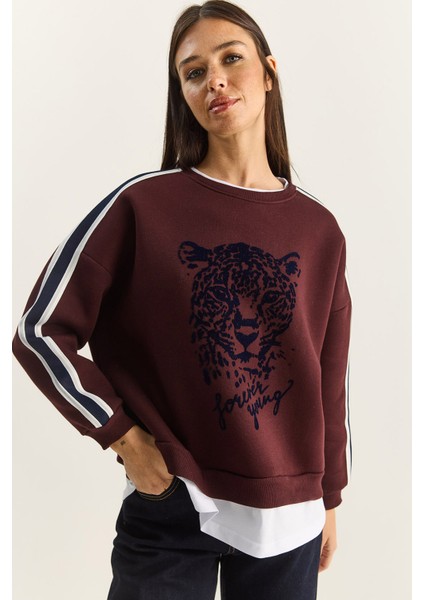 Kadın Kaplan Baskılı T-Shirt Detaylı Şardonlu Sweatshirt