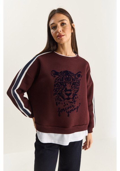 Kadın Kaplan Baskılı T-Shirt Detaylı Şardonlu Sweatshirt