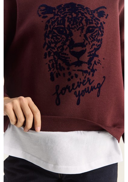 Kadın Kaplan Baskılı T-Shirt Detaylı Şardonlu Sweatshirt