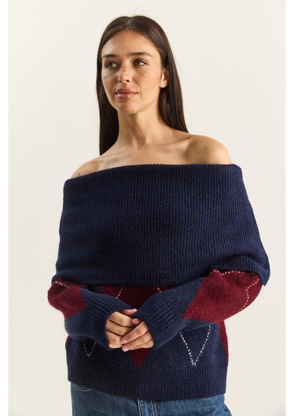 Kadın Madonna Yaka Baklava Desenli Triko Kazak modelleri