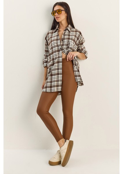 Kadın Içi Kürklü Yüksek Bel Lastikli Mat Suni Deri Tayt