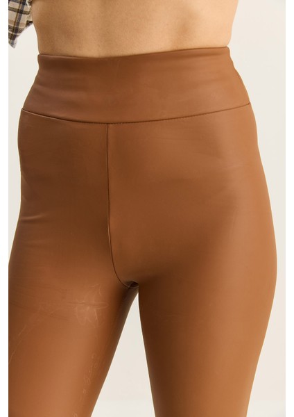 Kadın Içi Kürklü Yüksek Bel Lastikli Mat Suni Deri Tayt