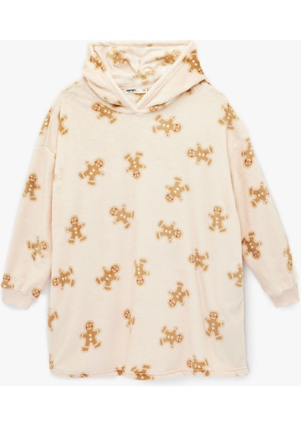 Kapüşonlu Uzun Kollu Kurabiye Adam Baskılı Oversize Sabahlık