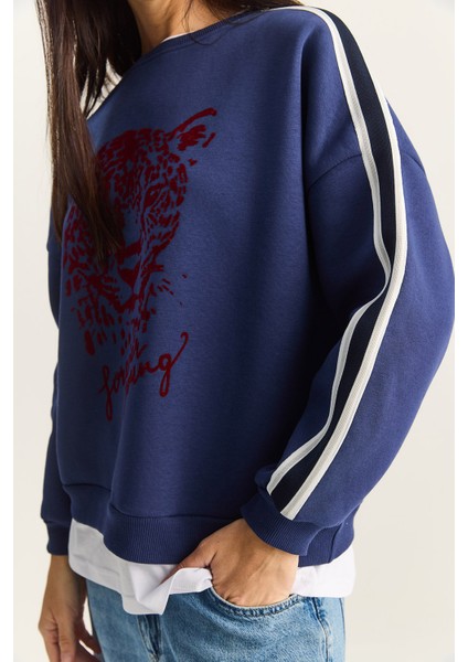 Kadın Kaplan Baskılı T-Shirt Detaylı Şardonlu Sweatshirt