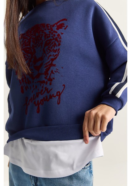 Kadın Kaplan Baskılı T-Shirt Detaylı Şardonlu Sweatshirt