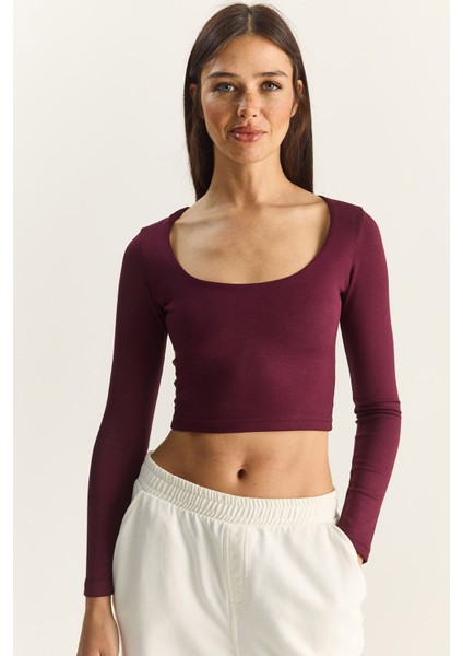 Kadın Soft Touch Kare Yaka Uzun Kollu Basic Bluz