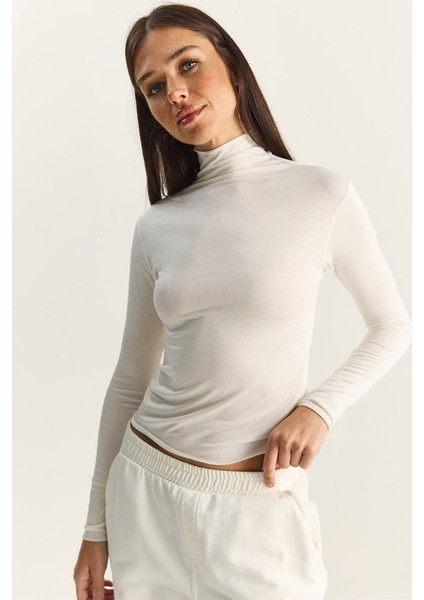 Kadın Transparan Dik Yaka Esnek Normal Boy Örme Bluz