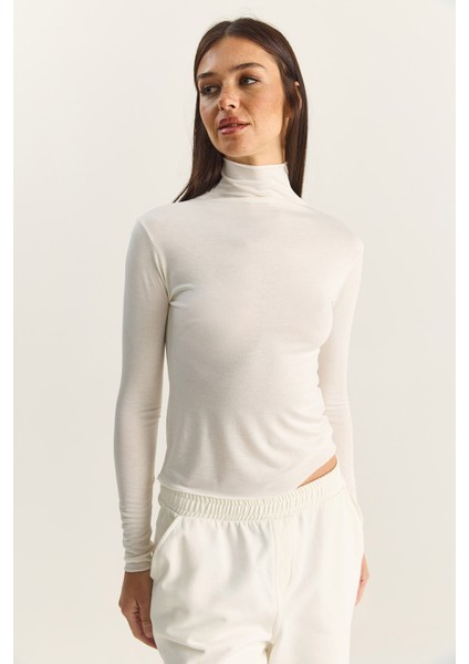 Kadın Transparan Dik Yaka Esnek Normal Boy Örme Bluz modelleri