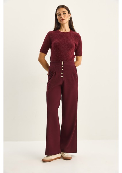 Kadın Gold Düğme Detaylı Pileli Yüksek Bel Palazzo Pantolon modelleri