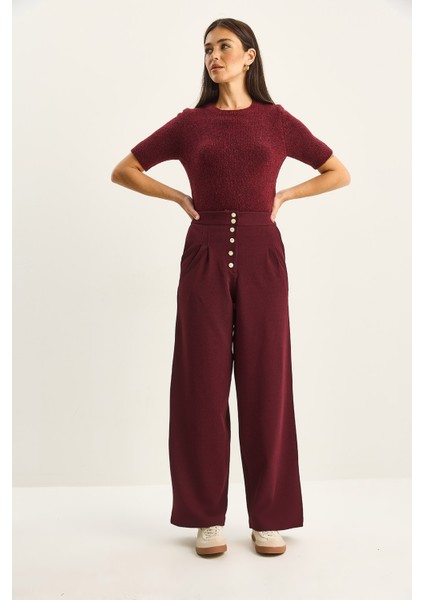 Kadın Gold Düğme Detaylı Pileli Yüksek Bel Palazzo Pantolon