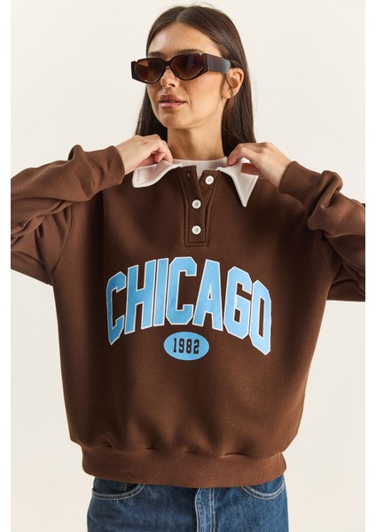 Kadın Polo Yaka Chicago Baskılı Üç Iplik Şardonlu Sweatshirt