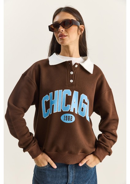 Kadın Polo Yaka Chicago Baskılı Üç Iplik Şardonlu Sweatshirt modelleri