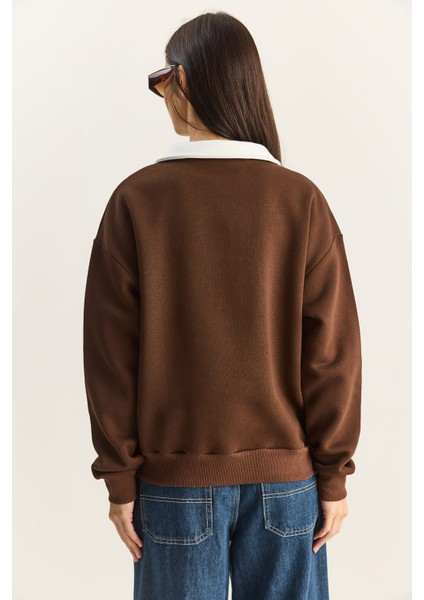 Kadın Polo Yaka Chicago Baskılı Üç Iplik Şardonlu Sweatshirt