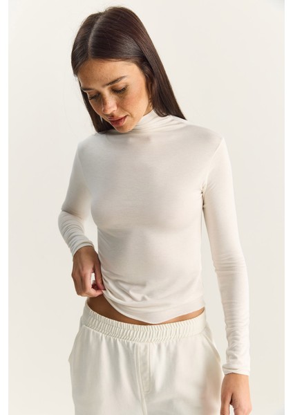 Kadın Transparan Dik Yaka Esnek Normal Boy Örme Bluz fırsatları