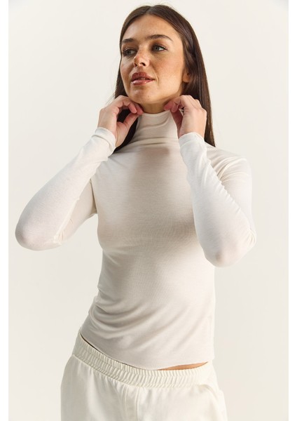 Kadın Transparan Dik Yaka Esnek Normal Boy Örme Bluz indirimleri