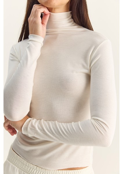 Kadın Transparan Dik Yaka Esnek Normal Boy Örme Bluz