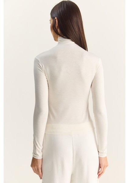 Kadın Transparan Dik Yaka Esnek Normal Boy Örme Bluz