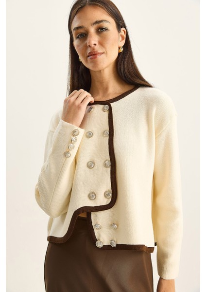 Kadın Gold Düğme Detaylı Asimetrik Kesim Triko Hırka