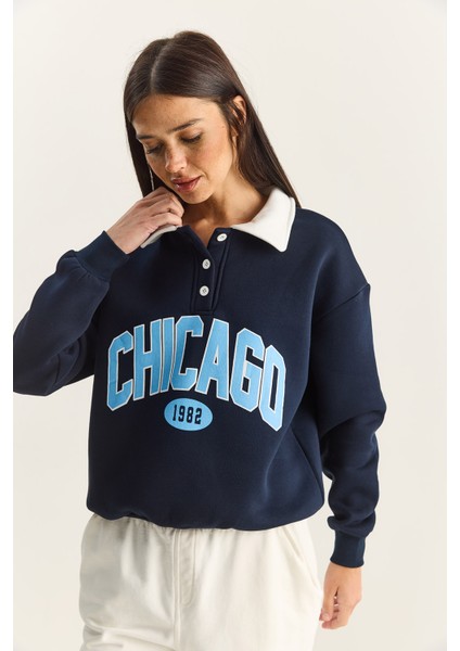 Kadın Polo Yaka Chicago Baskılı Üç Iplik Şardonlu Sweatshirt modelleri