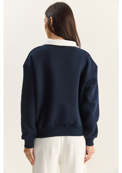 Kadın Polo Yaka Chicago Baskılı Üç Iplik Şardonlu Sweatshirt