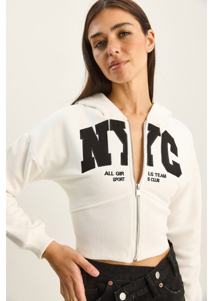 Kadın Nyc Nakışlı Üç Iplik Şardonlu Kapüşonlu Crop Hırka