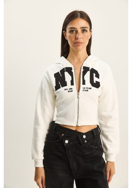 Kadın Nyc Nakışlı Üç Iplik Şardonlu Kapüşonlu Crop Hırka fiyatları
