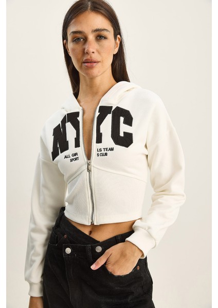 Kadın Nyc Nakışlı Üç Iplik Şardonlu Kapüşonlu Crop Hırka modelleri