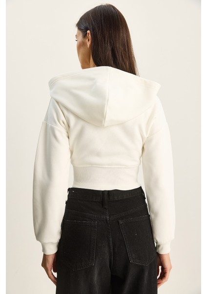 Kadın Nyc Nakışlı Üç Iplik Şardonlu Kapüşonlu Crop Hırka indirimleri