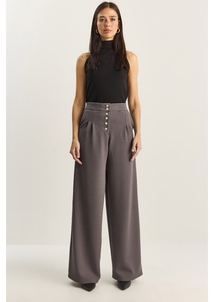 Kadın Gold Düğme Detaylı Pileli Yüksek Bel Palazzo Pantolon