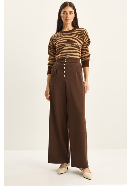 Kadın Gold Düğme Detaylı Pileli Yüksek Bel Palazzo Pantolon