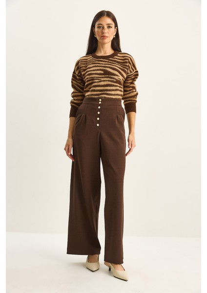 Kadın Gold Düğme Detaylı Pileli Yüksek Bel Palazzo Pantolon modelleri