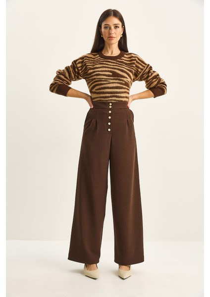 Kadın Gold Düğme Detaylı Pileli Yüksek Bel Palazzo Pantolon fırsatları