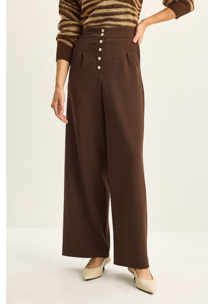 Kadın Gold Düğme Detaylı Pileli Yüksek Bel Palazzo Pantolon indirimleri