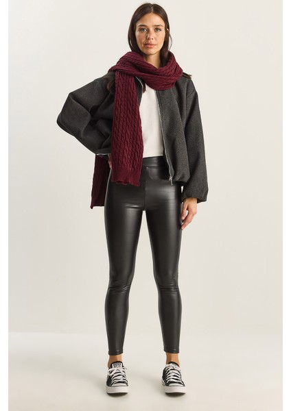 Kadın Içi Kürklü Yüksek Bel Lastikli Suni Deri Tayt