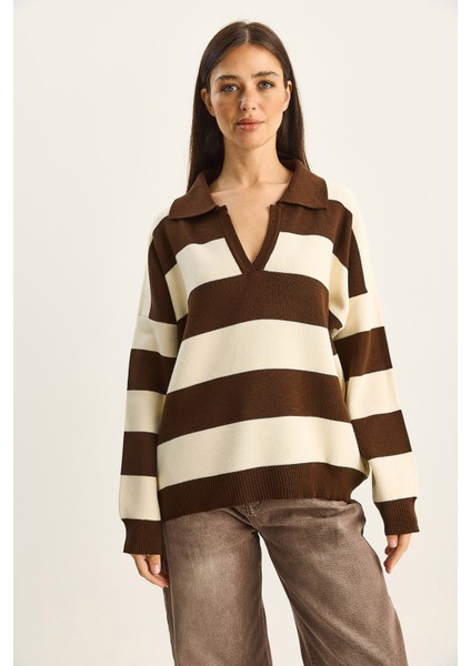 Kadın Polo Yaka Çizgili Triko Kazak fiyatları