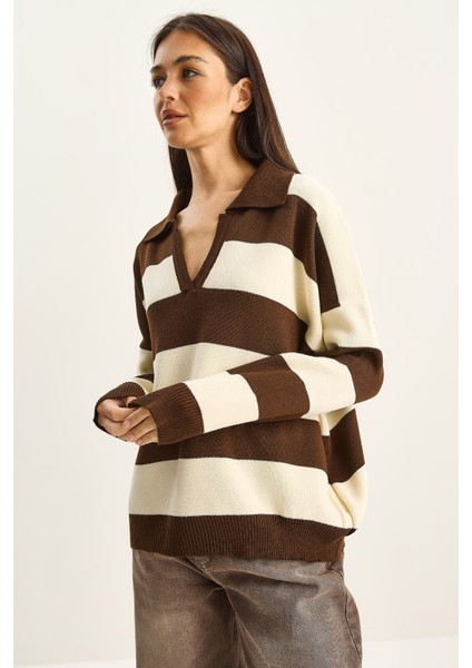 Kadın Polo Yaka Çizgili Triko Kazak modelleri